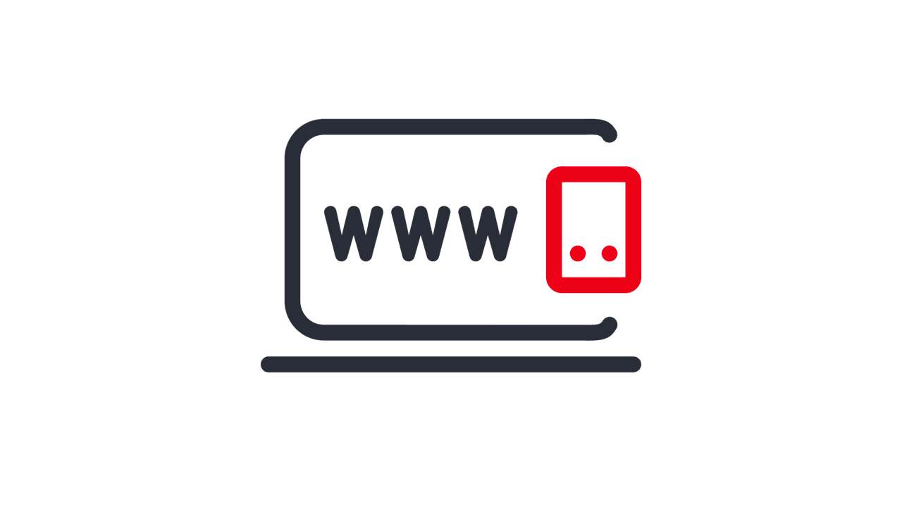 Ein Symbolbild zeigt ein schwarzes Computerbildschirm-Icon mit einem roten Smartphone-Icon in der rechten Ecke, das die Möglichkeit der digitalen Nutzung per App oder Web-Portal symbolisiert.