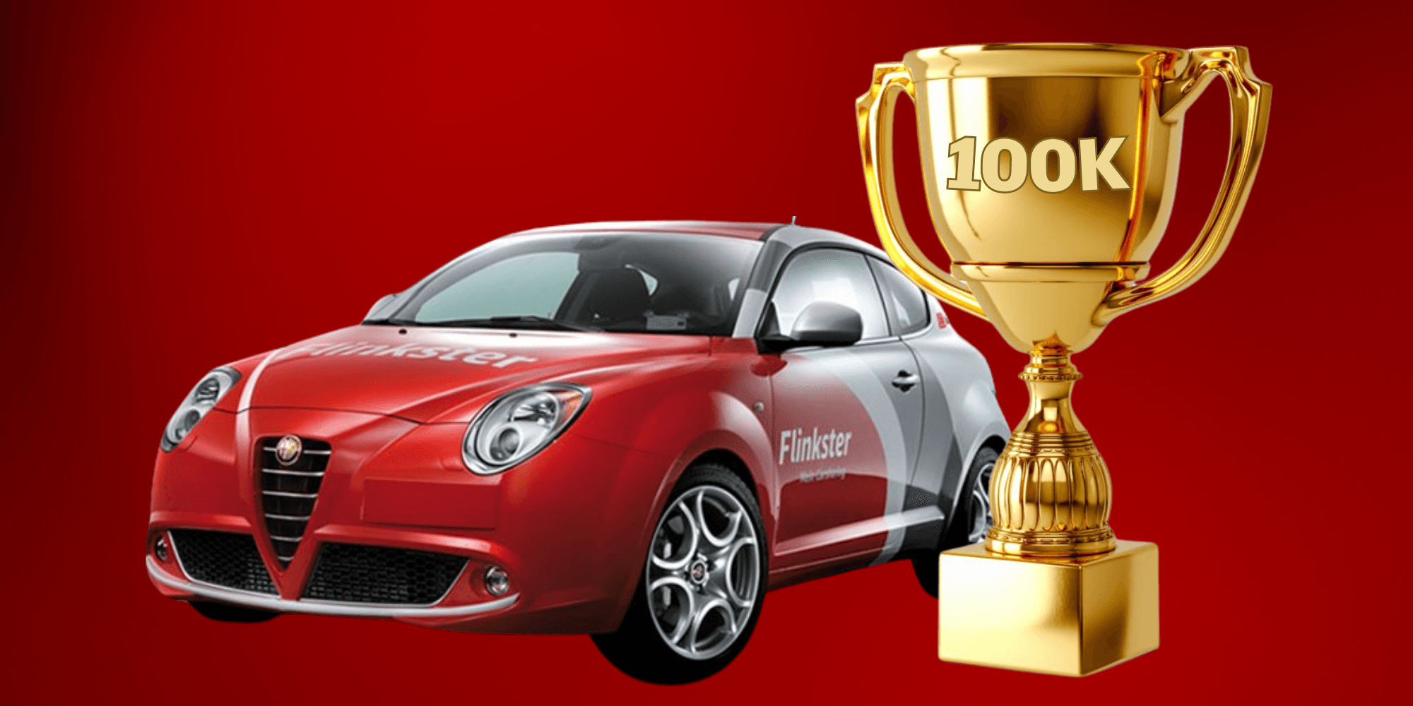 Flinkster car next to a large golden trophy in front of a red background. copyright cup: iStock / Kira88; red background: Canva / kellycapatricia
