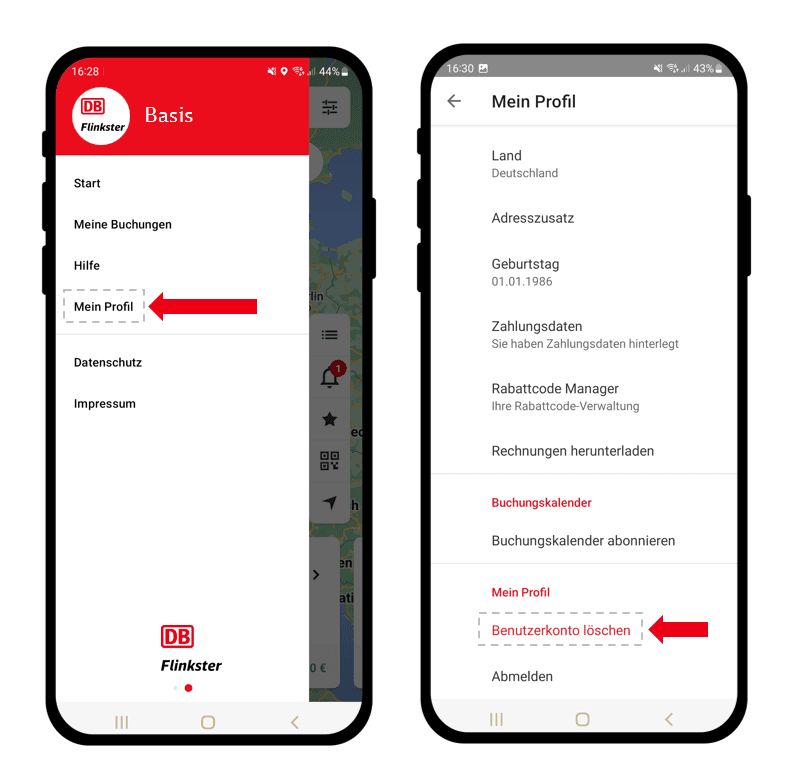 Geöffnete Flinkster App auf dem Smartphone, wo gezeigt wird, wie im Benutzerkonto im Bereich Profil, dass Benutzerkonto gelöscht werden kann.