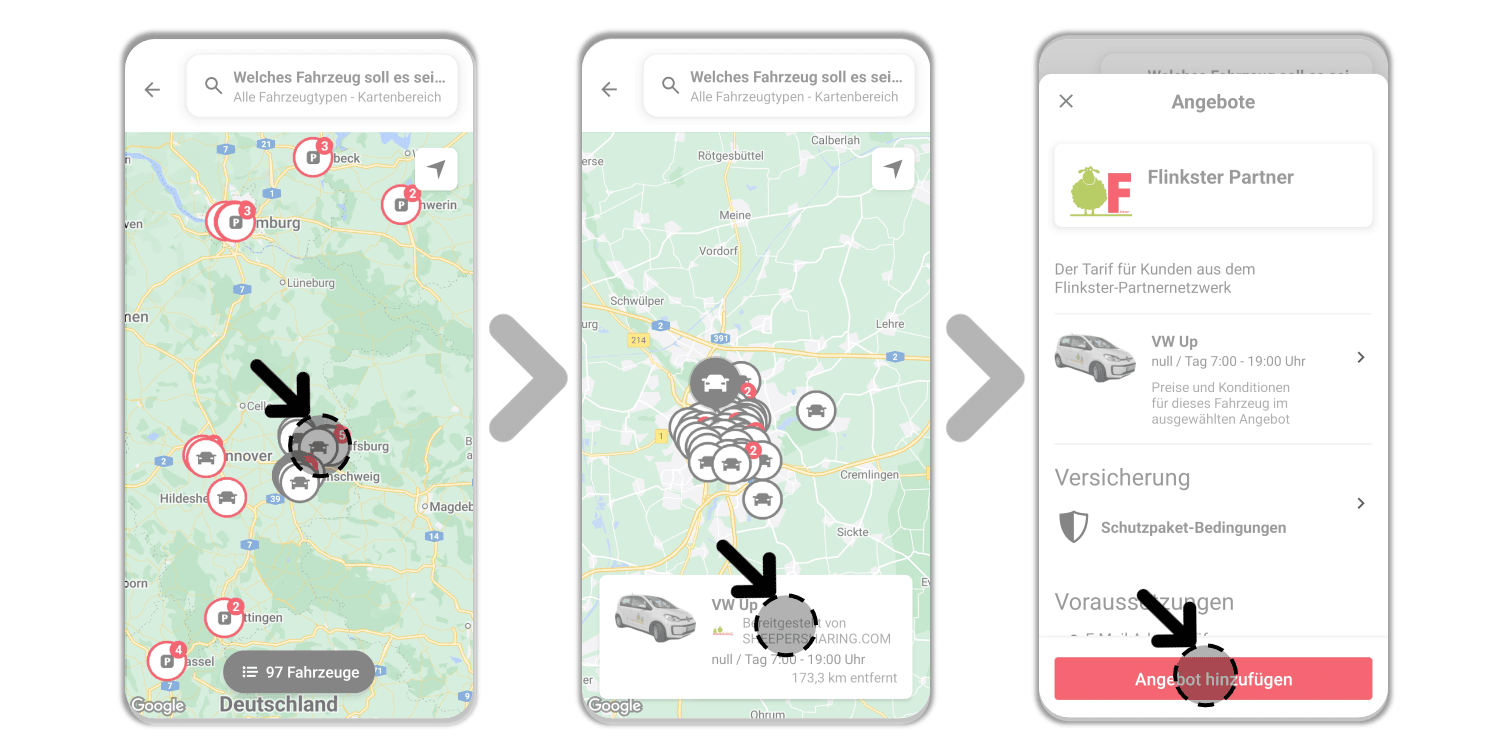 2. Teil der Anleitung zum hinzufügen eines Carsharing-Partners von der Kartenansicht mit Partner-Fahrzeugen bis zur Wahl des Partners