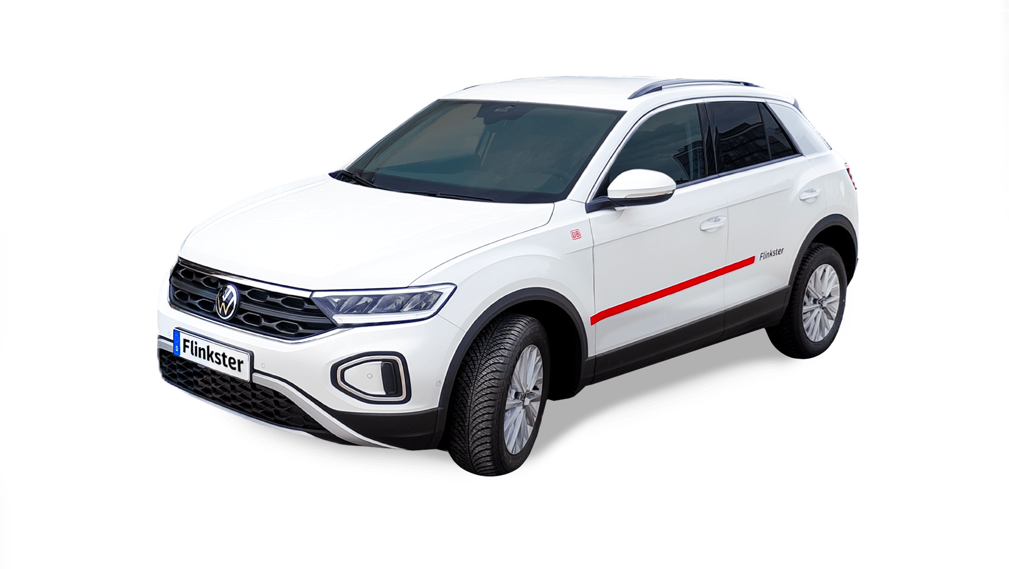 Seitliche Ansicht eines weißen VW T-Roc mit Flinkster-Branding.