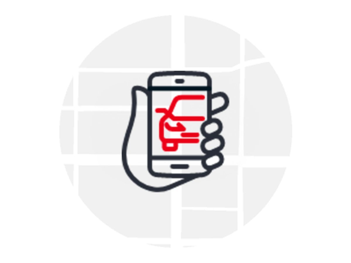 Icon einer Hand, die ein Smartphone hält, auf dem ein Auto angezeigt wird, vor einem Hintergrund, der eine Karte darstellt. Symbolisiert die Buchung eines Flinkster-Fahrzeugs über die App.